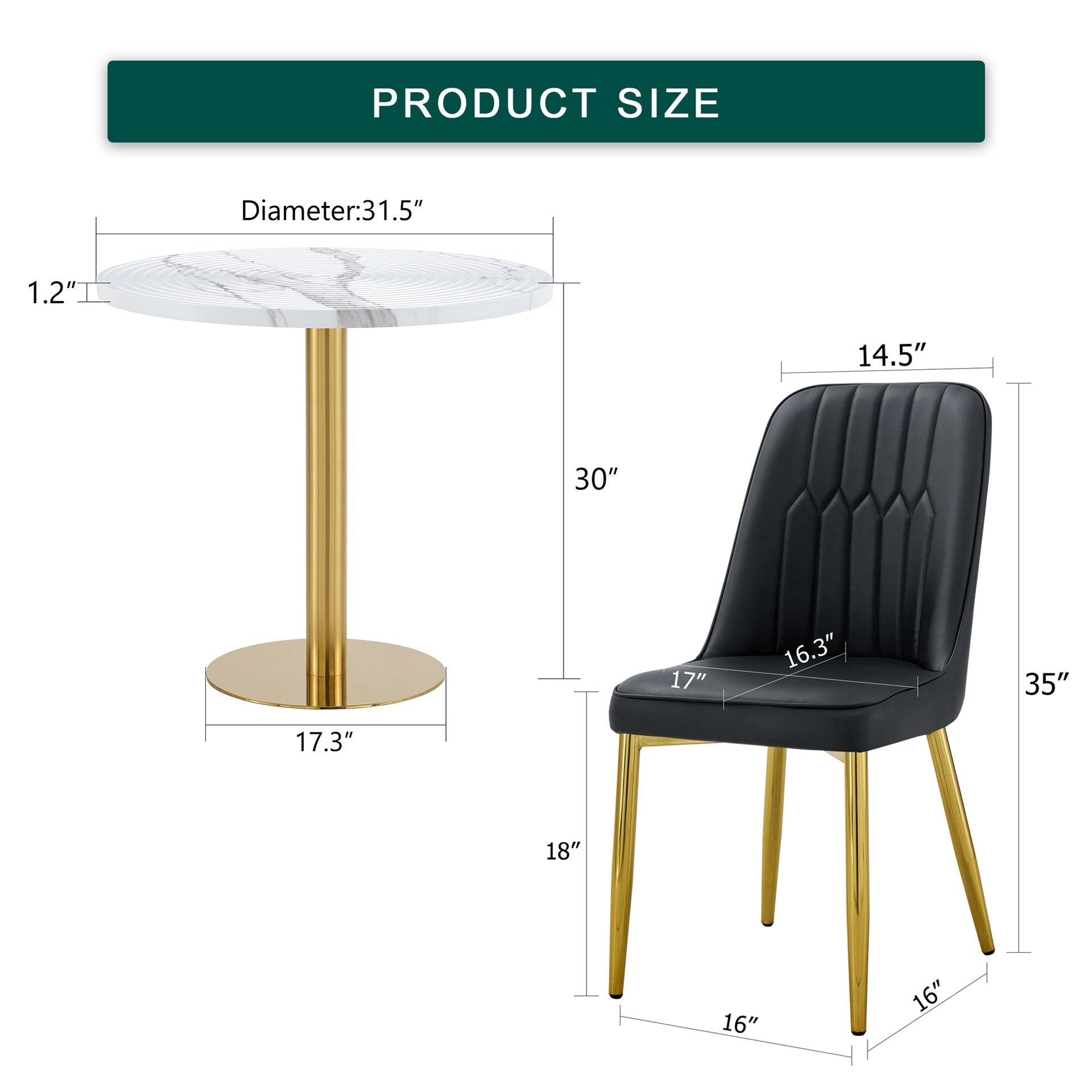 Table and chair set.31.5 Inch Elegant White Marble Pattern Round Dining Table - Suction Molding Annular Texture.Paired With 4 Black PU Chairs with Simple Line Designs On The Backrest.