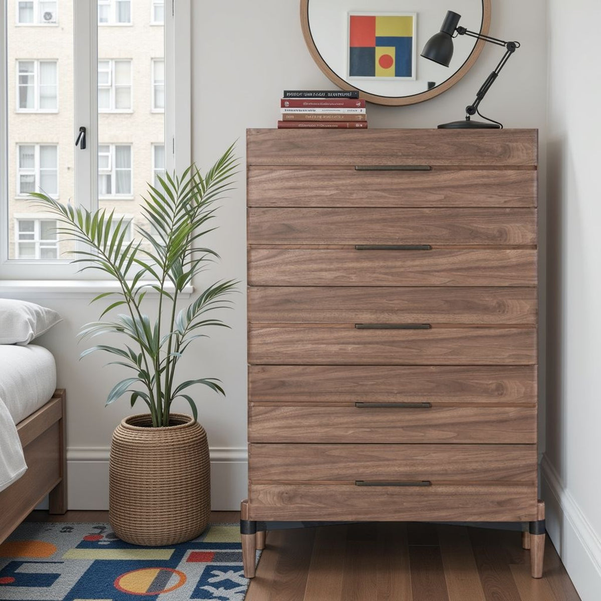Tranquility Five Drawer Chest, No Assembly Required, Walnut Finish