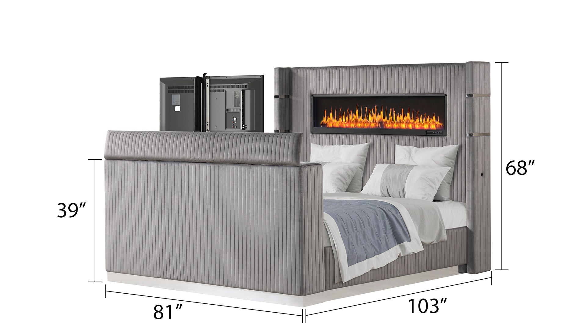 Lavish Modern Style King Bed Made with Fireplace in Headboard & TV stand in Footboard with Wood in Grey( NJ INVENTORY)
