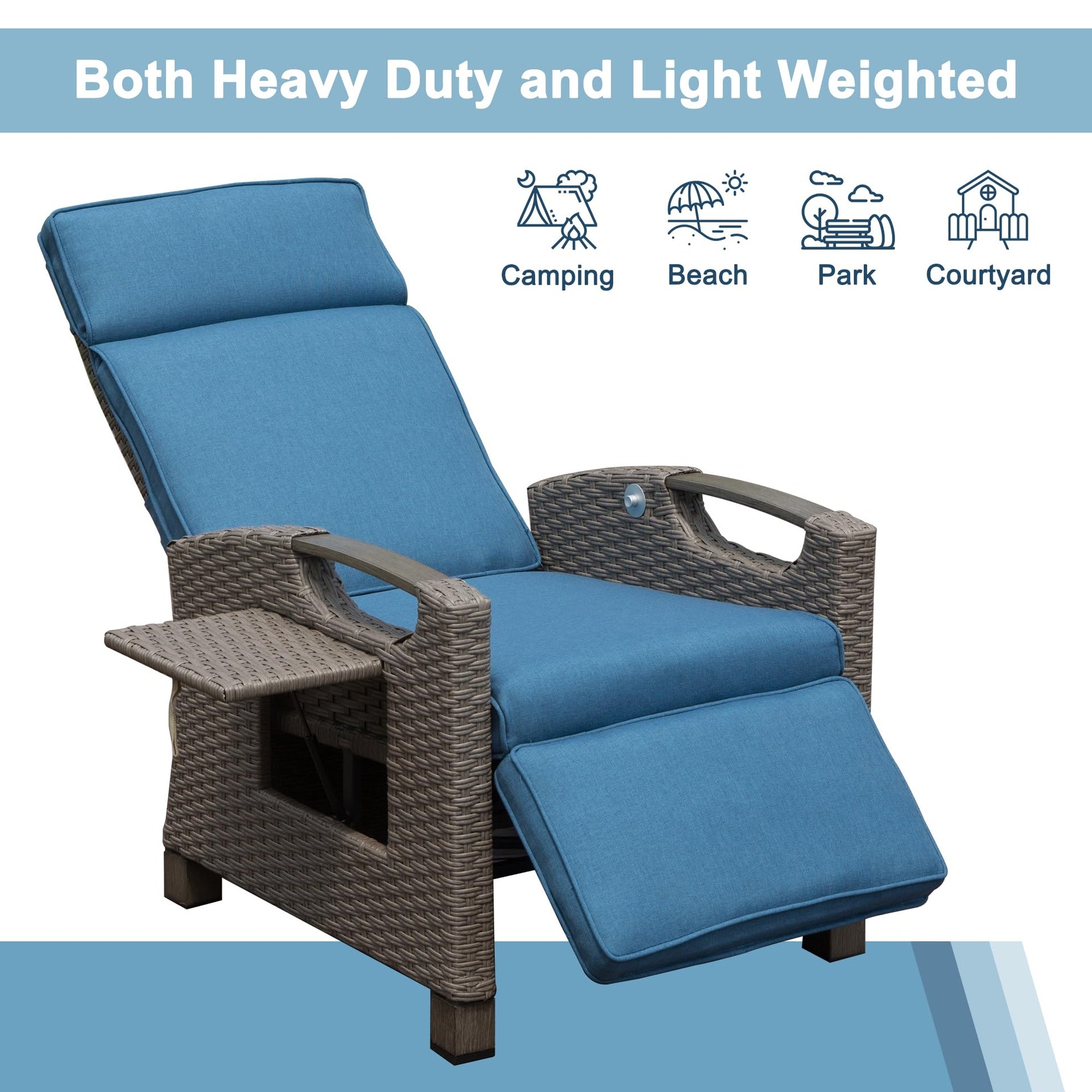 Outdoor Recliner Chair, Patio Recliner with Hand-Woven Wicker, Flip Table Push Back, Adjustable Angle, Thickness Cushions, Reclining Lounge Chair for Indoor and Outdoor, Navy Blue