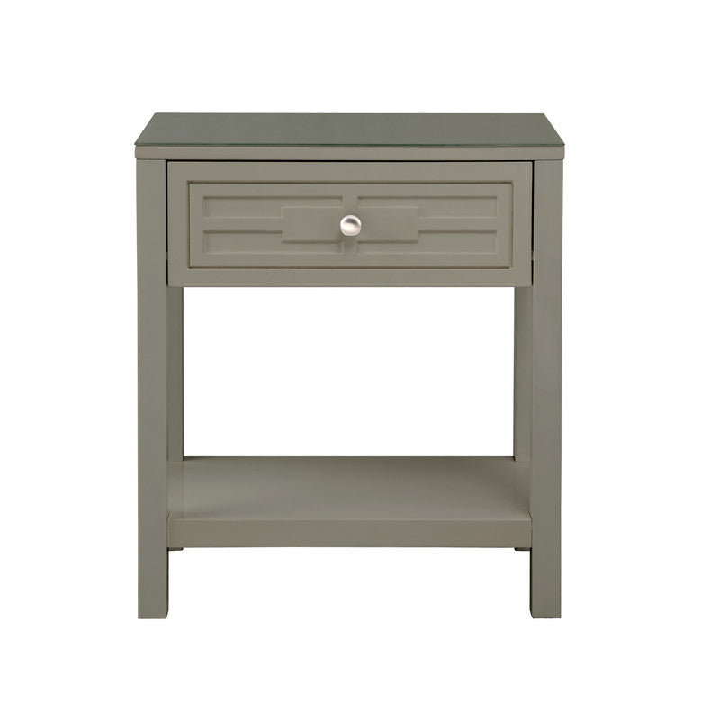 Dario 23"W Taupe Wooden End Side Table Nightstand with Glass Top and Drawer