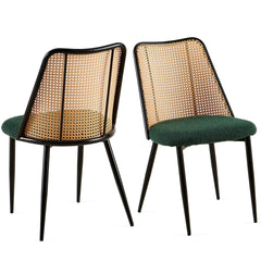 Green Rattan Dining Chairs Set of 2,Boucle Chairs with Natural Cane Back, Upholstered Dining Room Kitchen Chair for Dining Room Kitchen, Living Room