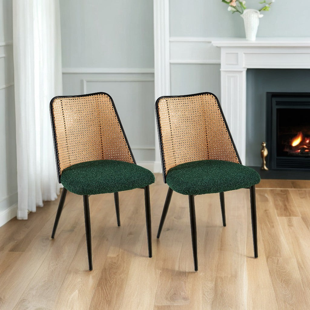 Green Rattan Dining Chairs Set of 2,Boucle Chairs with Natural Cane Back, Upholstered Dining Room Kitchen Chair for Dining Room Kitchen, Living Room