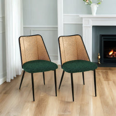 Green Rattan Dining Chairs Set of 2,Boucle Chairs with Natural Cane Back, Upholstered Dining Room Kitchen Chair for Dining Room Kitchen, Living Room