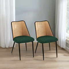 Green Rattan Dining Chairs Set of 2,Boucle Chairs with Natural Cane Back, Upholstered Dining Room Kitchen Chair for Dining Room Kitchen, Living Room