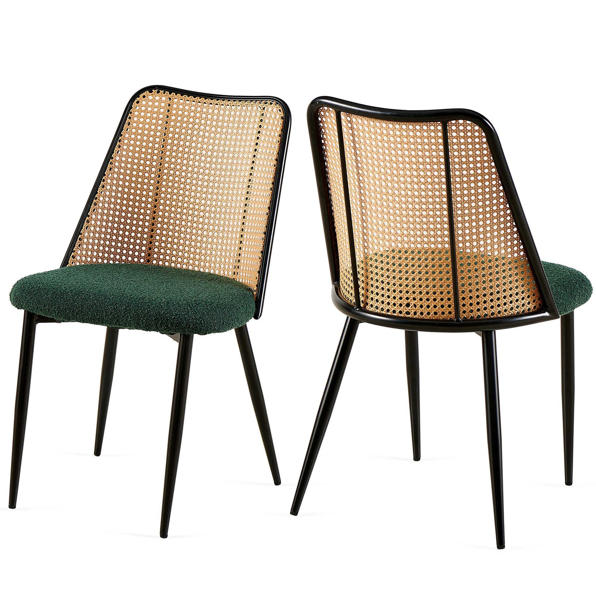 Green Rattan Dining Chairs Set of 2,Boucle Chairs with Natural Cane Back, Upholstered Dining Room Kitchen Chair for Dining Room Kitchen, Living Room