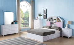 Full Size Bookcase headboard free standing tall storage two sliding pink doors with seven cubby shelves white