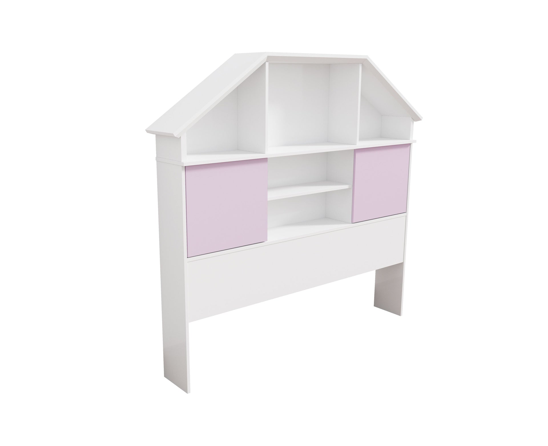 Full Size Bookcase headboard free standing tall storage two sliding pink doors with seven cubby shelves white