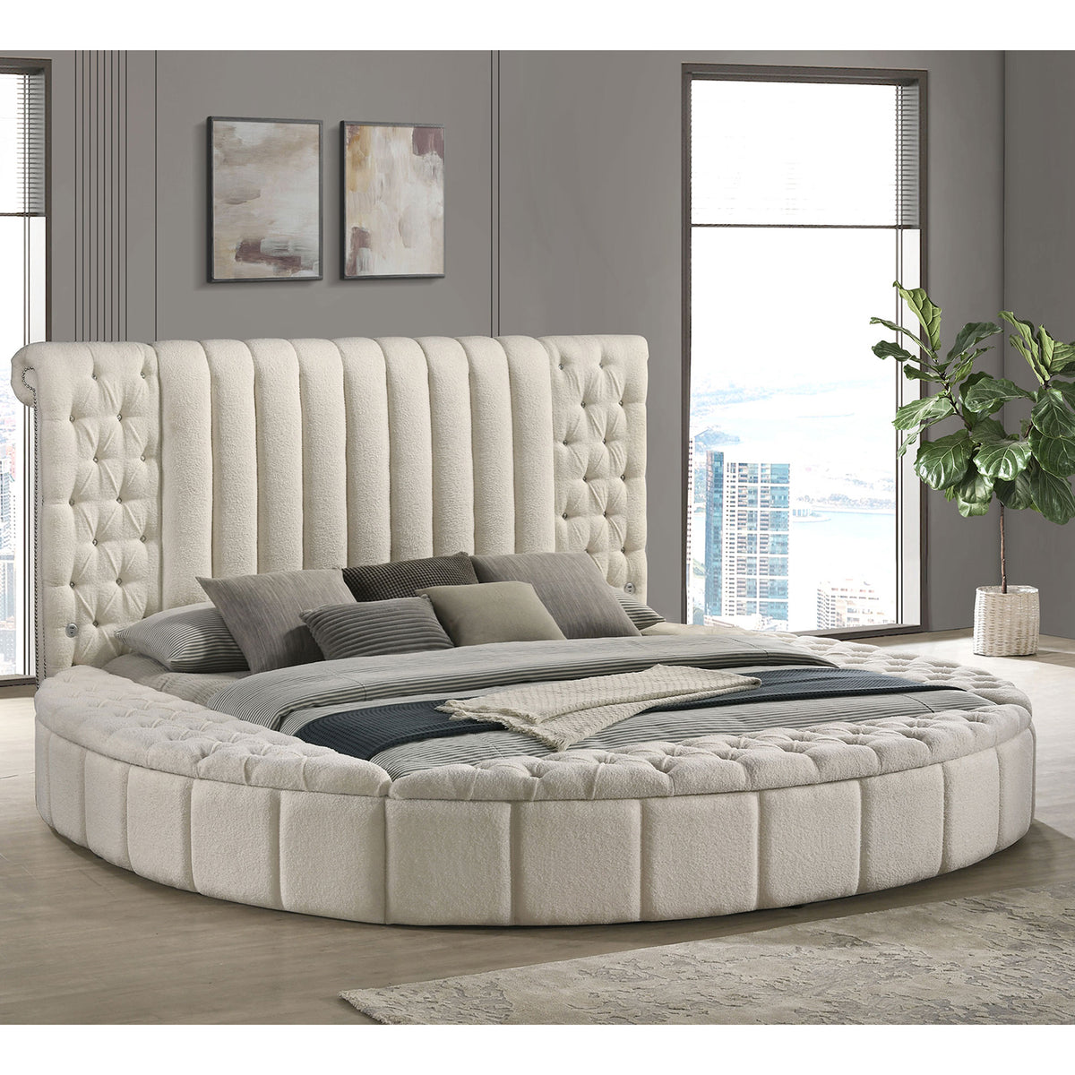 Santiago Ivory Upholstered Eastern King Round Storage Bed