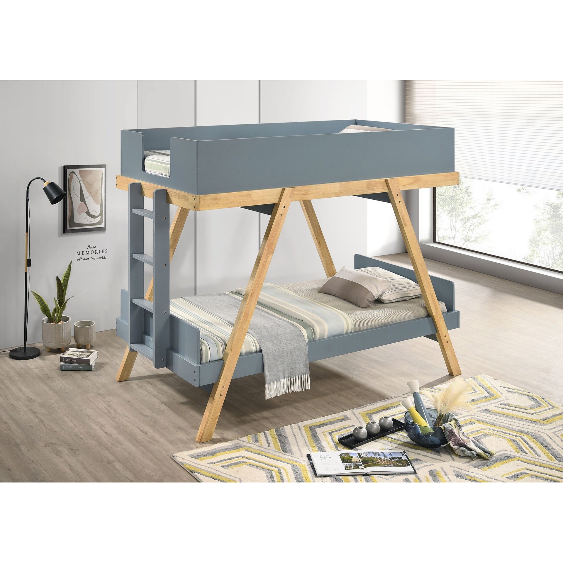 Crispin Blue Twin Over Twin Bunk Bed with Mattresses