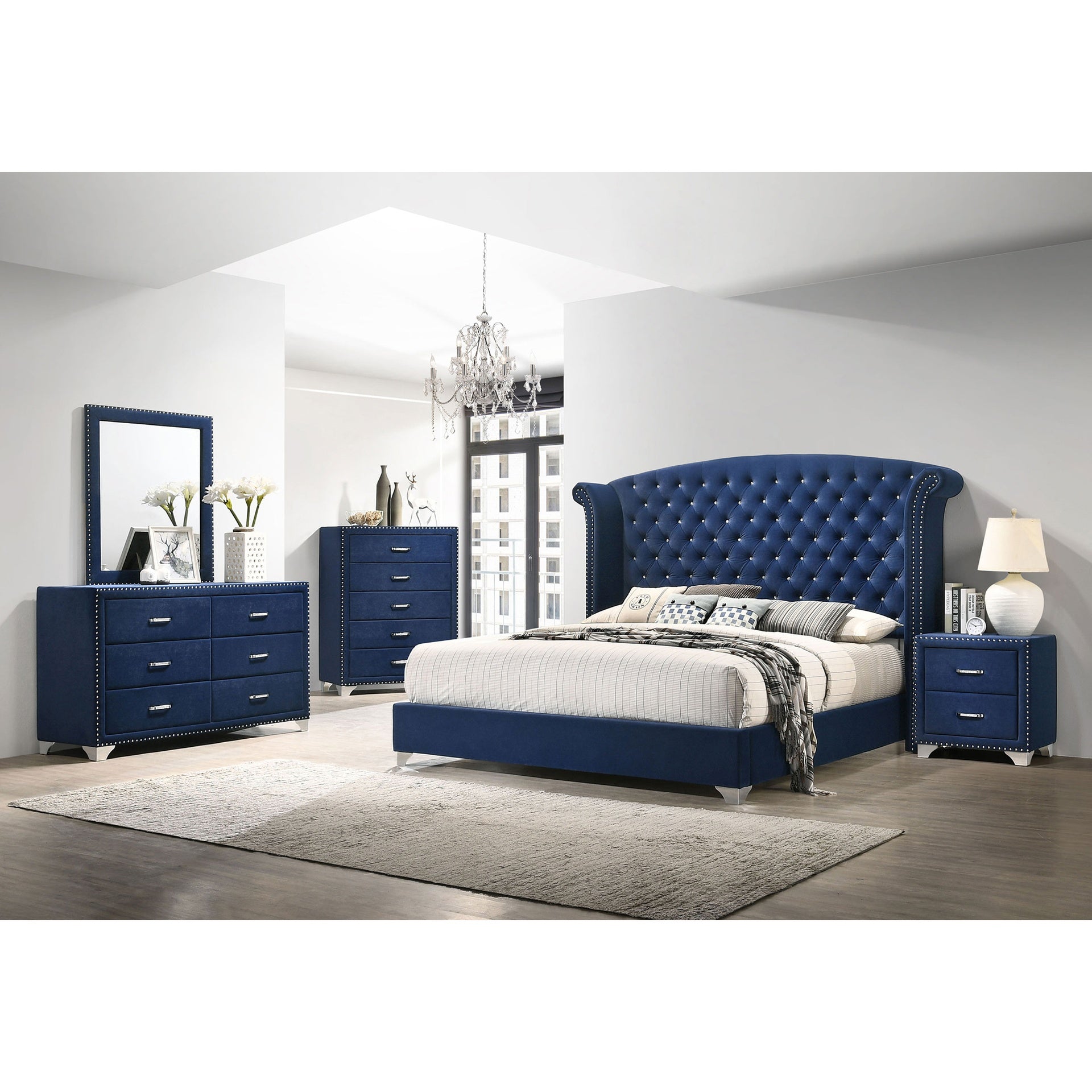 Chantel Pacific Blue Upholstered Wingback Eastern King Bed