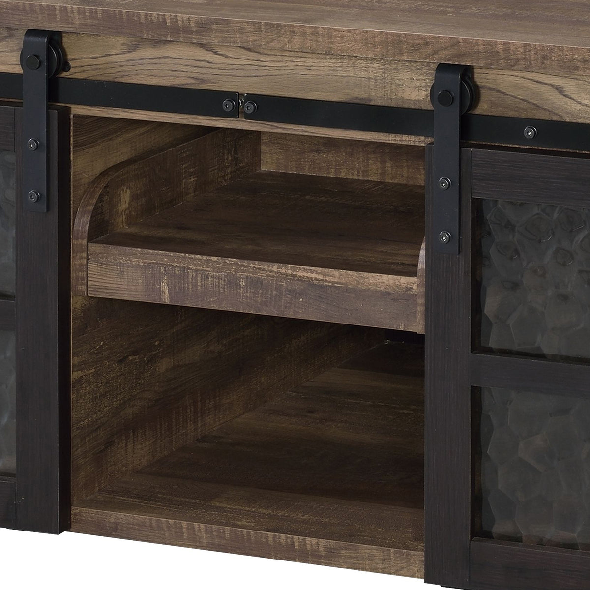 Rustic Oak and Black Coffee Table with Sliding Doors