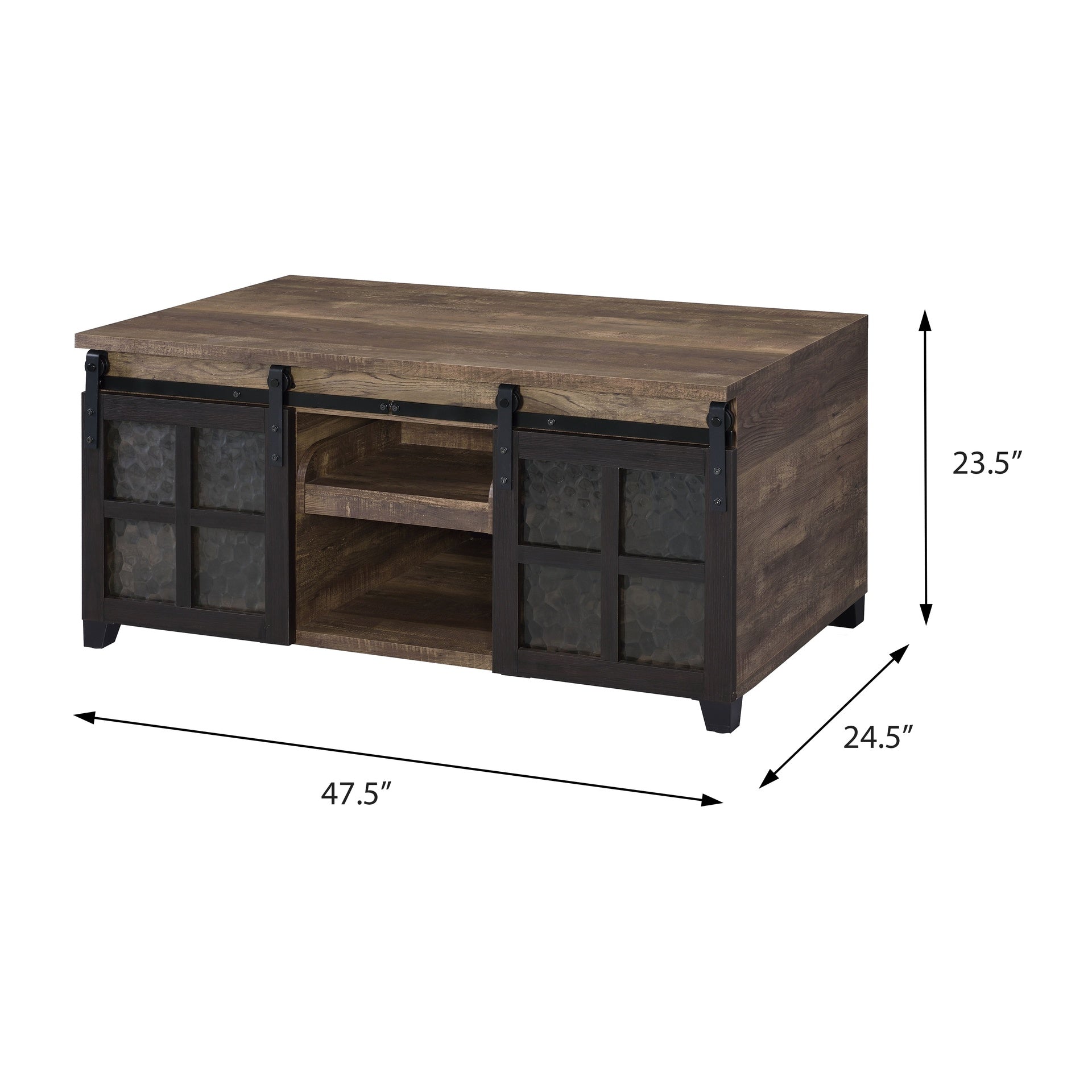 Rustic Oak and Black Coffee Table with Sliding Doors