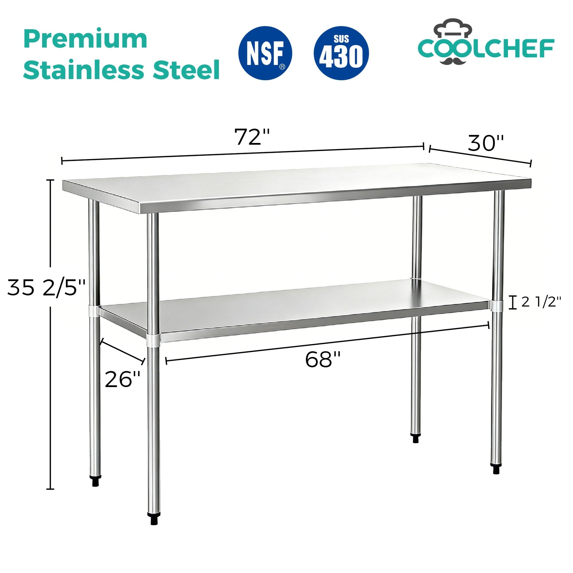 30" x 72" 18-Gauge Stainless Steel Commercial Work Table