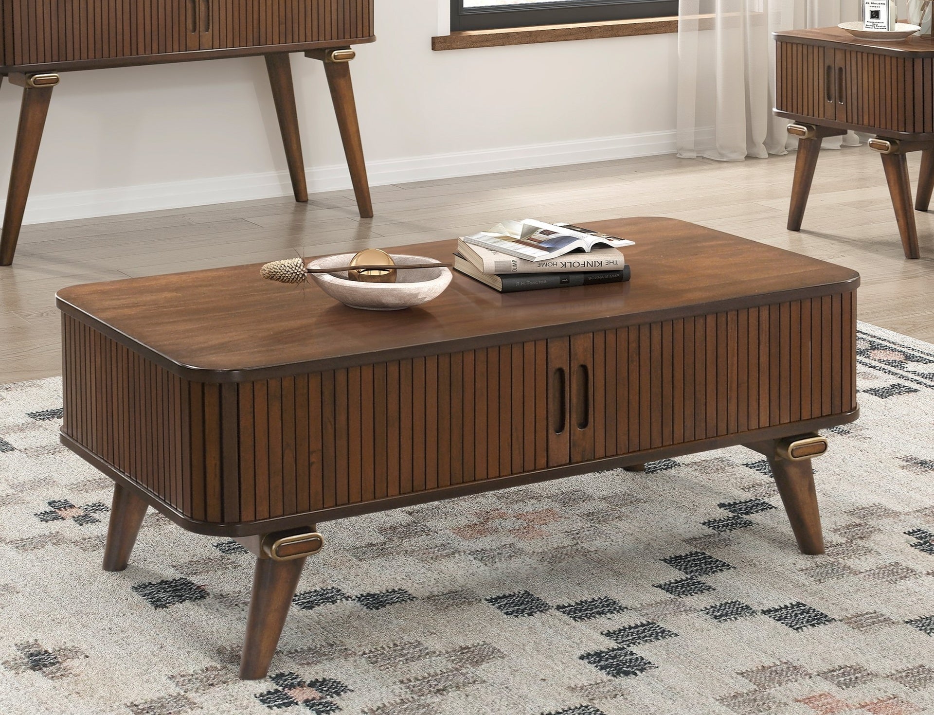 1pc Storage Cocktail Table Walnut Finish Tambour Doors 2x Shelves Modern Living Room Furniture