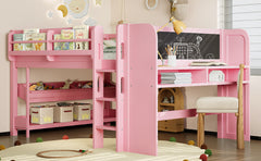 Full Loft Bed with Multi-storage Bookcases, Boxes and Drawers, Solid Wood Low Loft Beds with Desk and Blackboard, No Box Spring Needed,  Pink