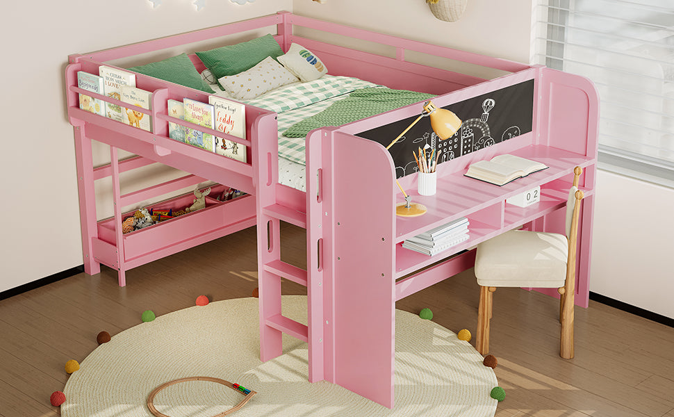 Full Loft Bed with Multi-storage Bookcases, Boxes and Drawers, Solid Wood Low Loft Beds with Desk and Blackboard, No Box Spring Needed,  Pink