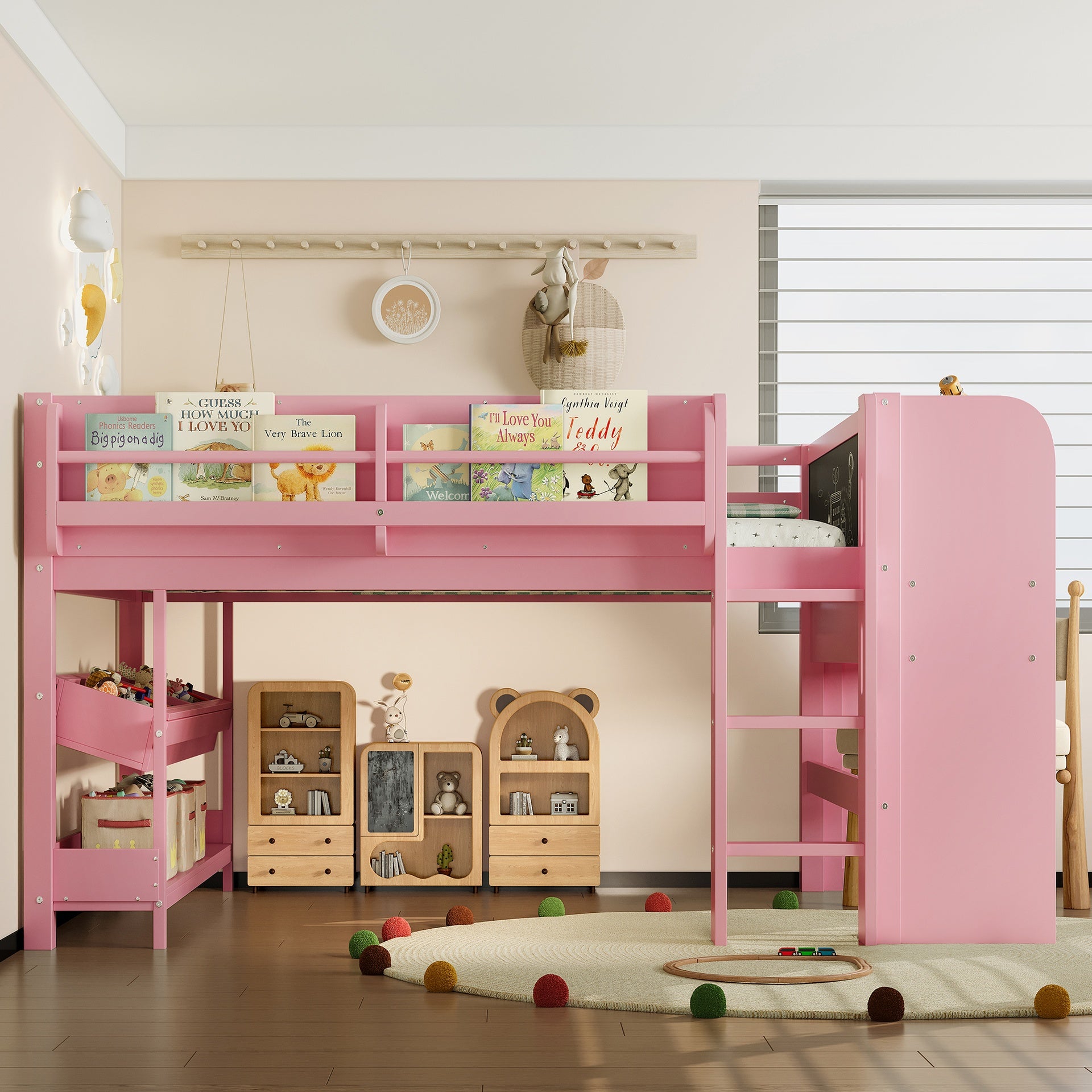 Full Loft Bed with Multi-storage Bookcases, Boxes and Drawers, Solid Wood Low Loft Beds with Desk and Blackboard, No Box Spring Needed,  Pink