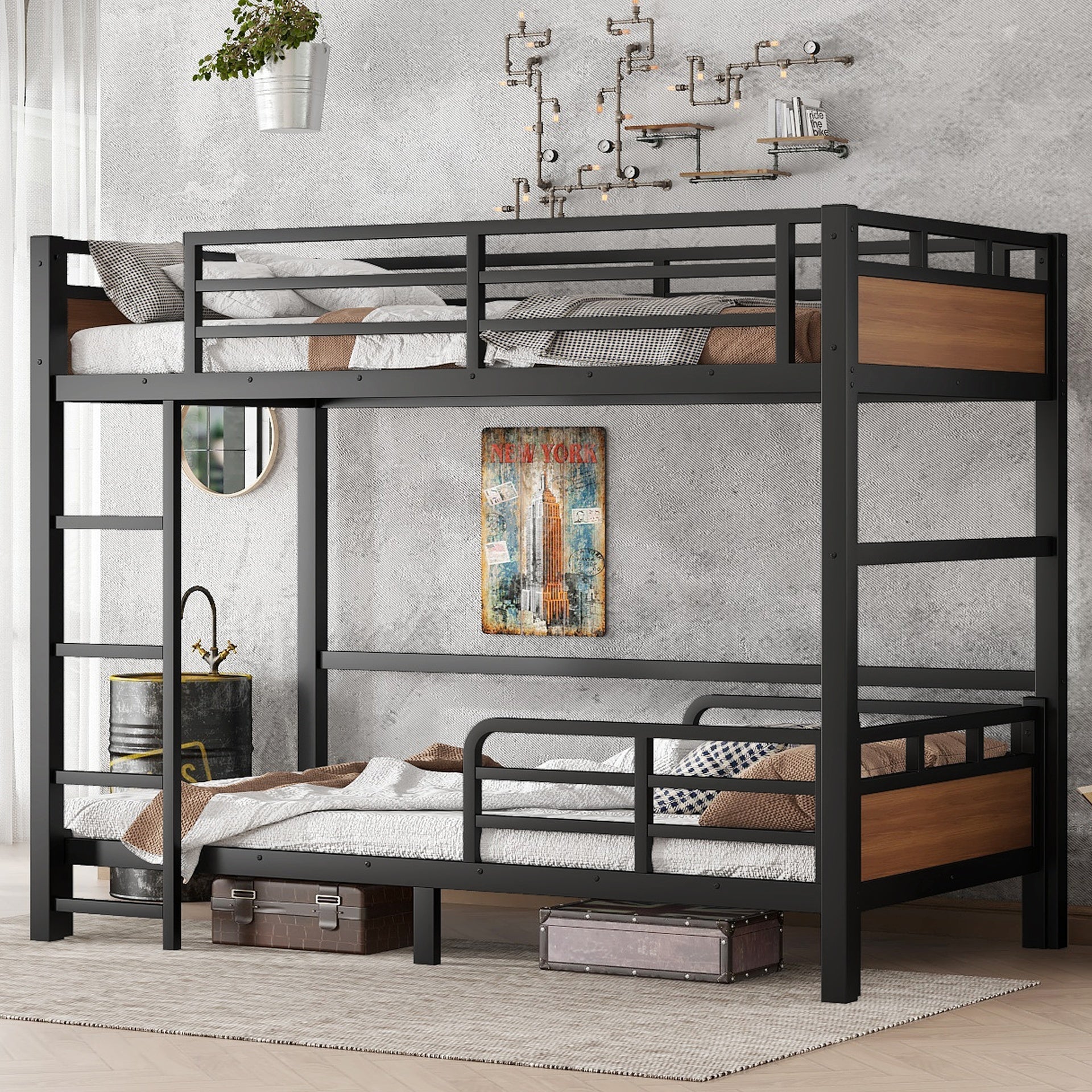 Twin XL over Twin XL Metal Bunk Bed/Metal Loft Bed,Separable Bunk Beds,with raised security fence,Walnut Color