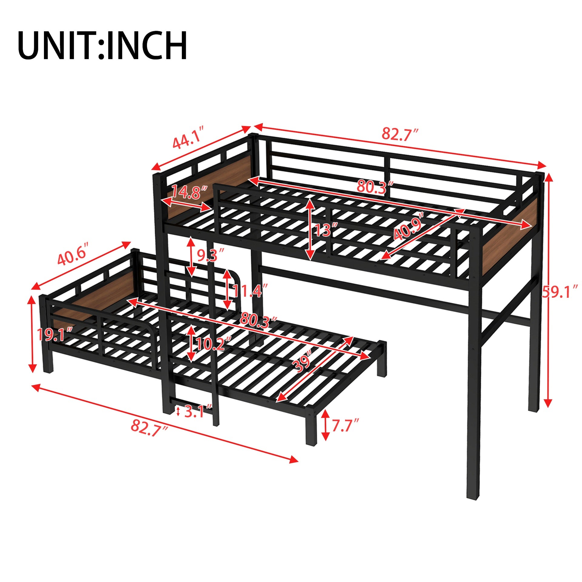 Twin XL over Twin XL Metal Bunk Bed/Metal Loft Bed,Separable Bunk Beds,with raised security fence,Walnut Color