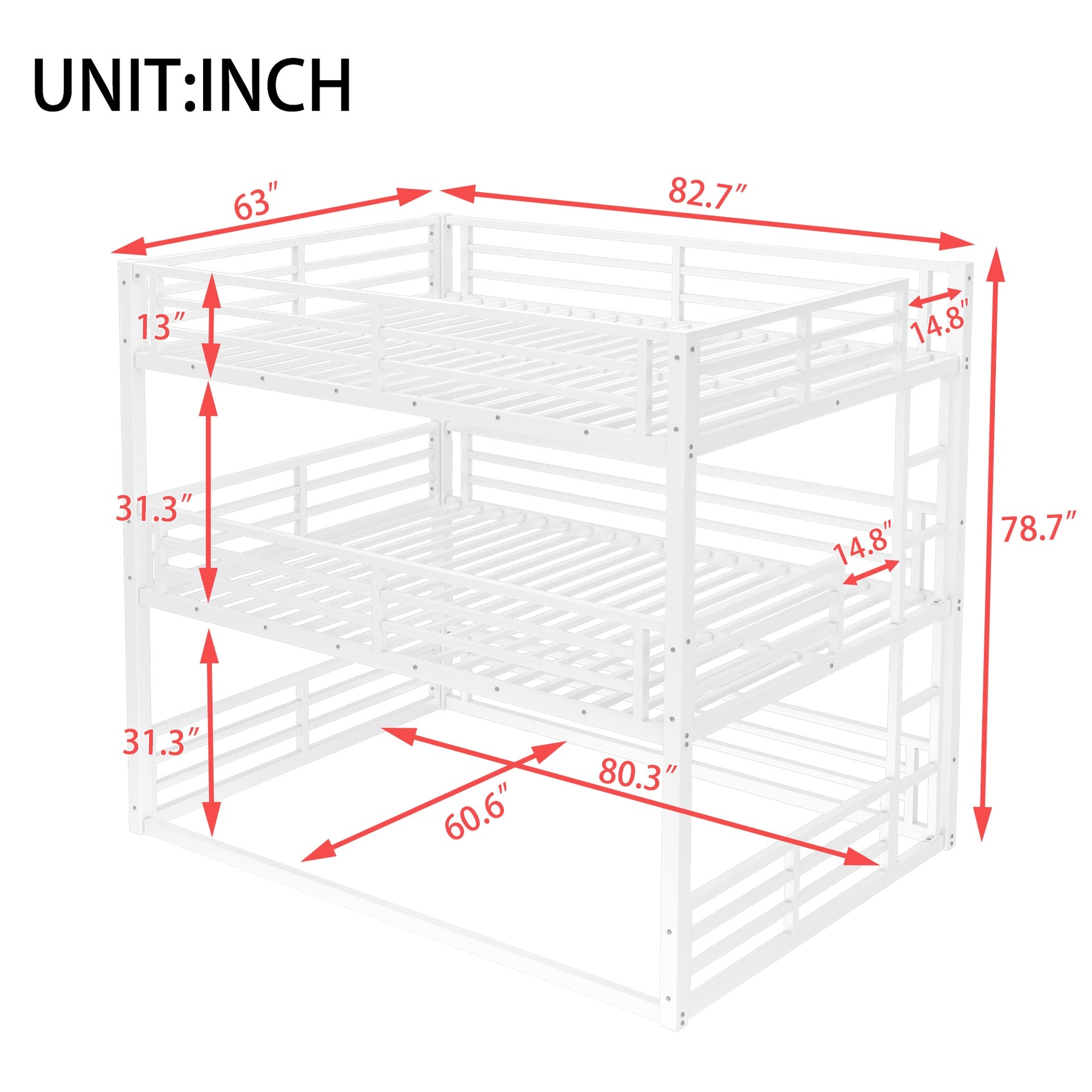 Queen over Queen over Queen Bunk Bed, Metal Triple Bunk Bed with Safety Guardrails, Heavy-duty Bunk Bed with Noise-reduced Design, White
