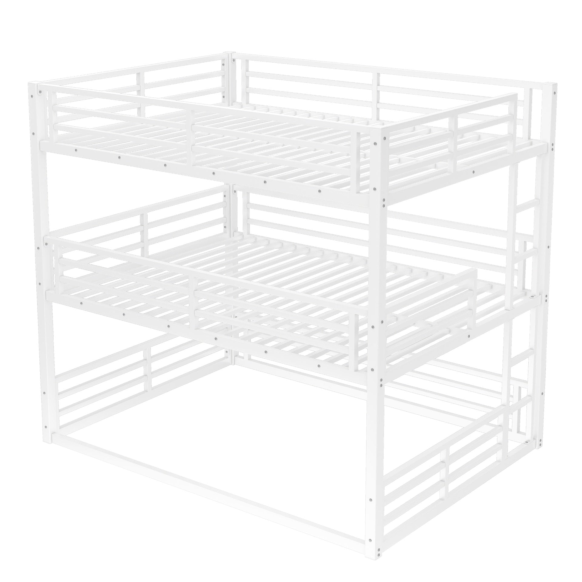 Queen over Queen over Queen Bunk Bed, Metal Triple Bunk Bed with Safety Guardrails, Heavy-duty Bunk Bed with Noise-reduced Design, White