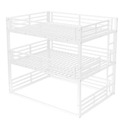 Queen over Queen over Queen Bunk Bed, Metal Triple Bunk Bed with Safety Guardrails, Heavy-duty Bunk Bed with Noise-reduced Design, White