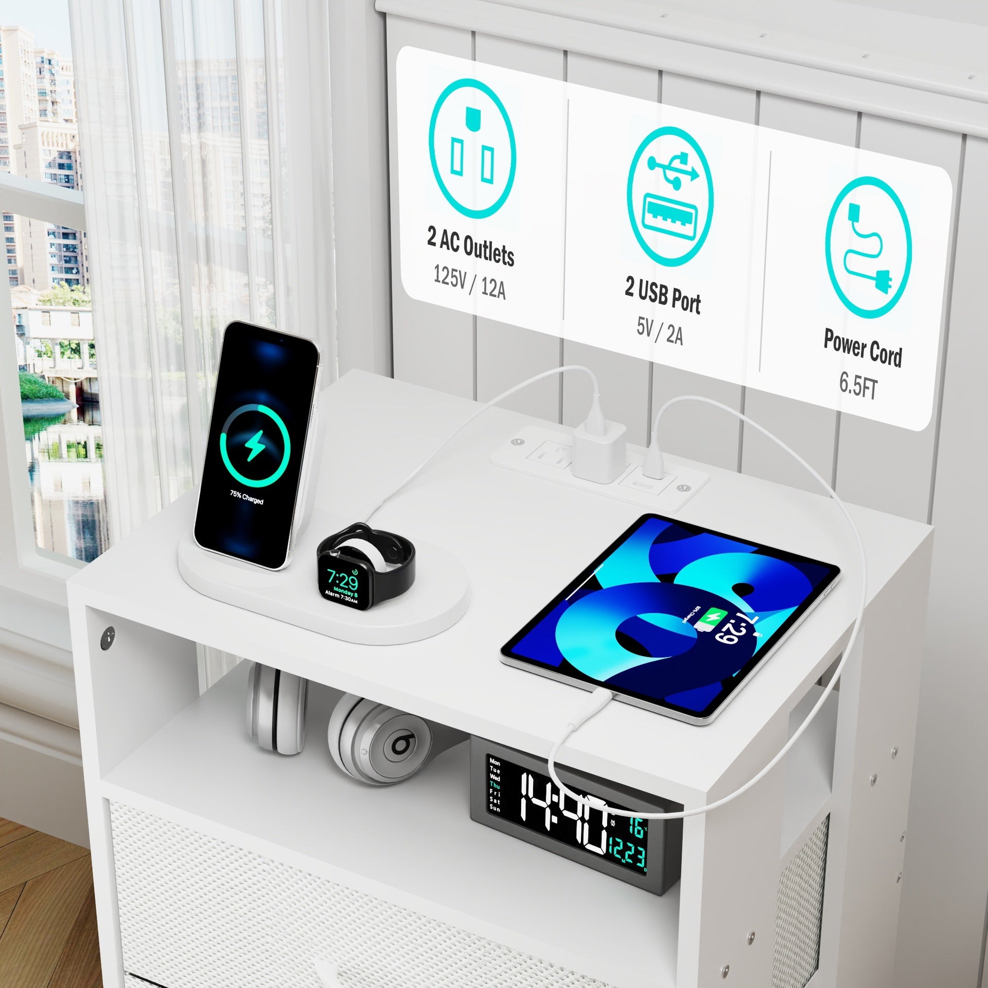 2 Pack Modern Nightstand with Charging Station, Bedside Tables with LED Light and Fabric Drawers