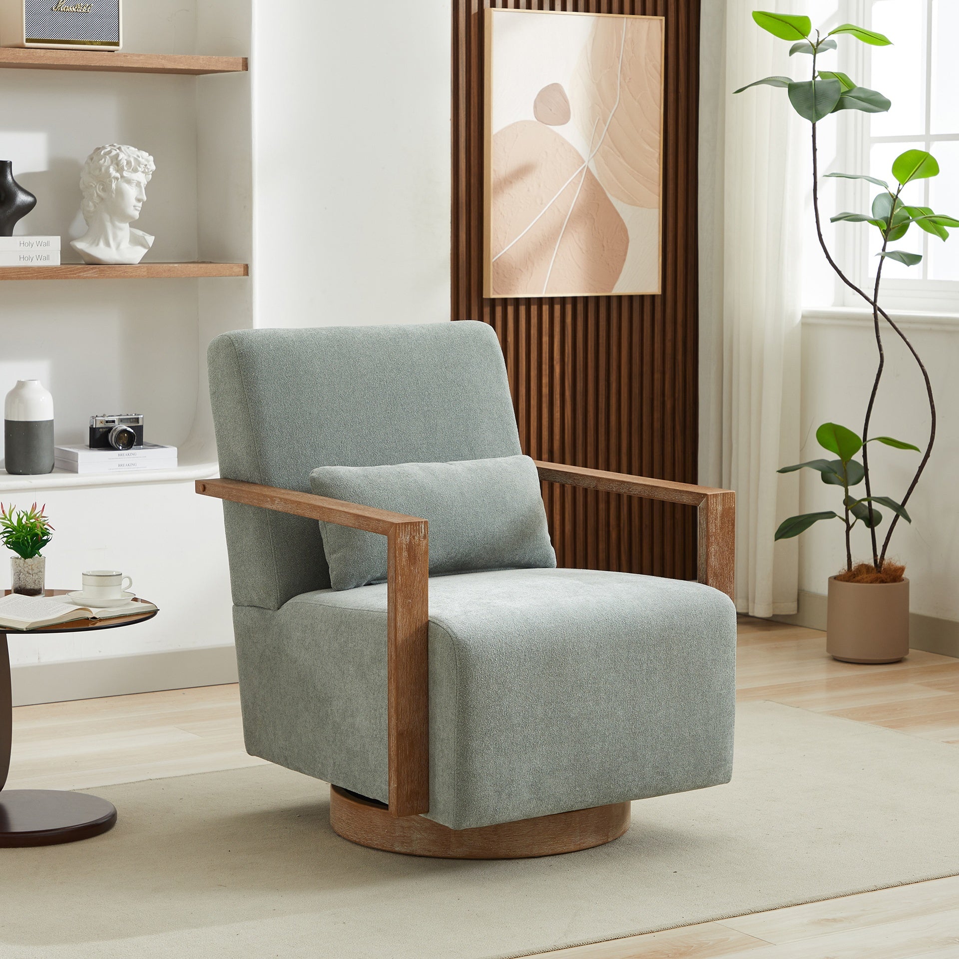 29.72"W Swivel Modern Upholstered Accent Chair with Solid Wood Armrests and 360 Degree Comfy Lounge Reading Chair, Side Armchair for Hotel, Bedroom, Living Room, Office, and Nursery Room,Pale Green