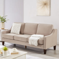 Modern 3 Person seat  Sofa Couch with Scooped Armrest/Wood legs,Upholstered Velvet 3-seat Sofa with Removable Cushions for Livingroom Bedroom,Taupe