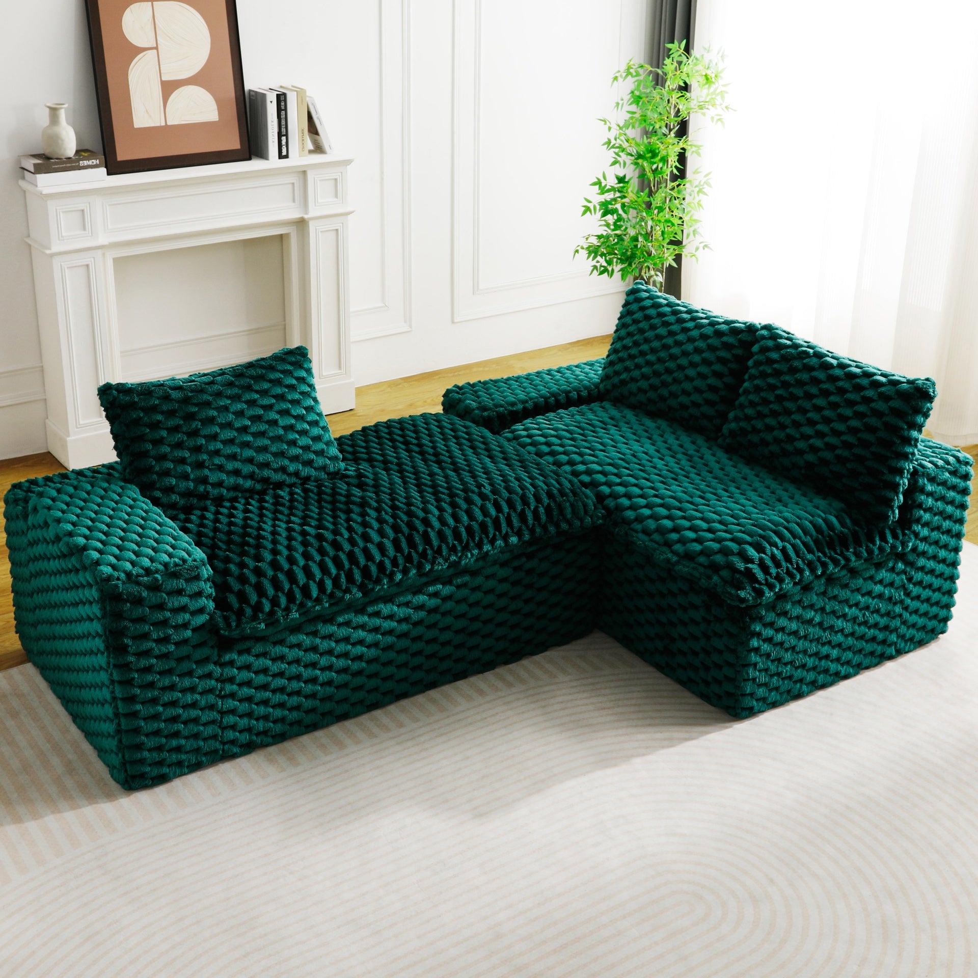 Green Turtle Velvet Versatile Sofa: Convertible Twin-Seat with Right Chaise Lounge, Featuring Face-to-Face Seating, Switchable Between L-Shape and Straight Shape