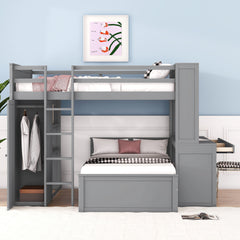 Full size Loft Bed with a twin size Stand-alone bed, Shelves,Desk,and Wardrobe-Gray