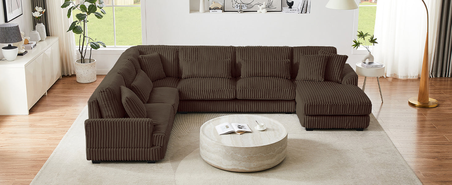 129" Oversized Sectional Sofa U-shaped Sofa Couch Modern Sofa Upholstered in Soft Corduroy with a Chaise Lounge for Living Room, Brown