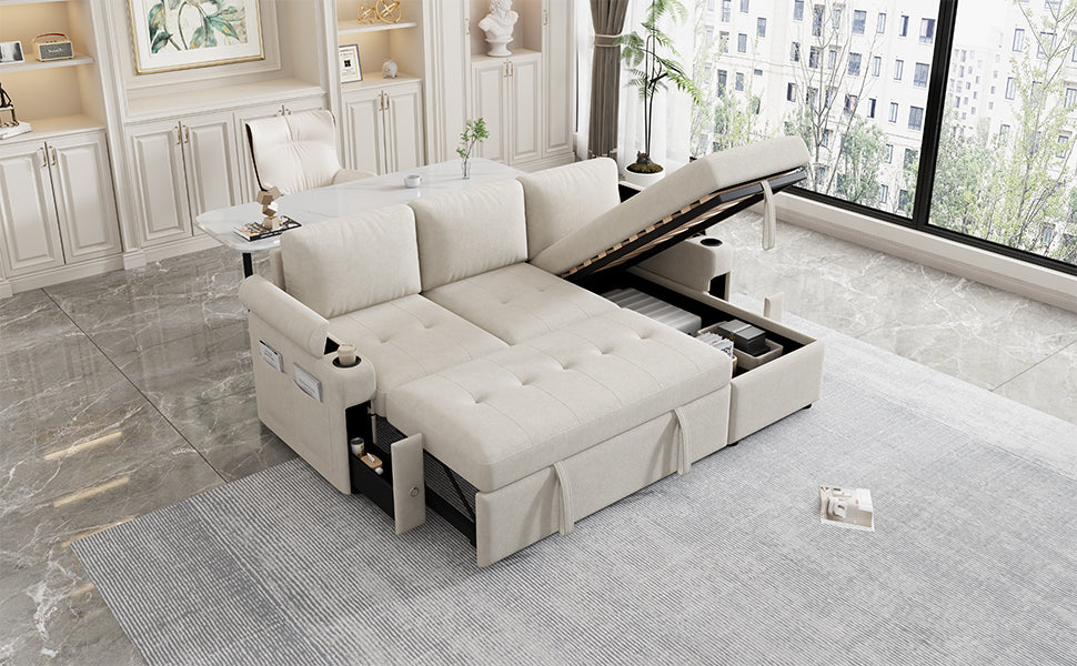 83.5" L-shaped Sofa Couch Convertible Sofa Bed Sectional Sofa with Ample Storage Space, Two Cup Holders and Two USB Ports for Living Room, Beige