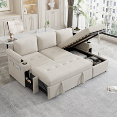 83.5" L-shaped Sofa Couch Convertible Sofa Bed Sectional Sofa with Ample Storage Space, Two Cup Holders and Two USB Ports for Living Room, Beige
