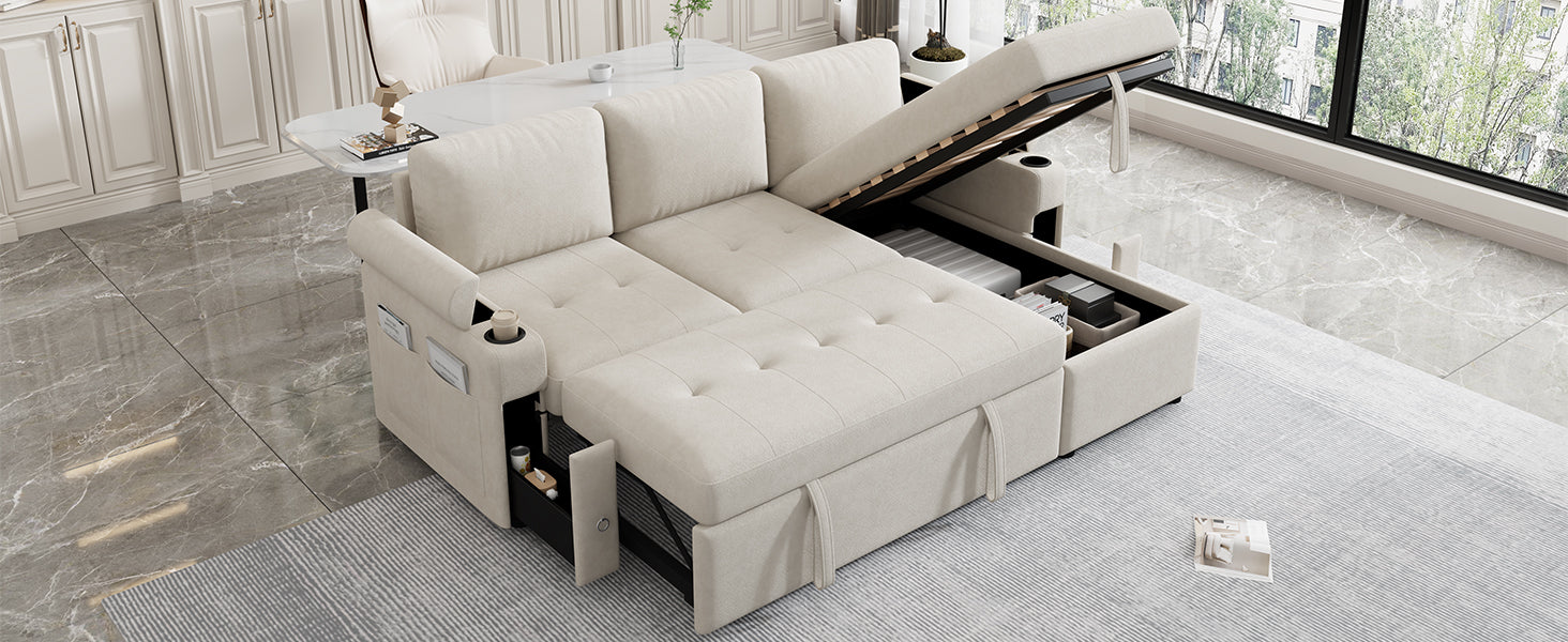 83.5" L-shaped Sofa Couch Convertible Sofa Bed Sectional Sofa with Ample Storage Space, Two Cup Holders and Two USB Ports for Living Room, Beige