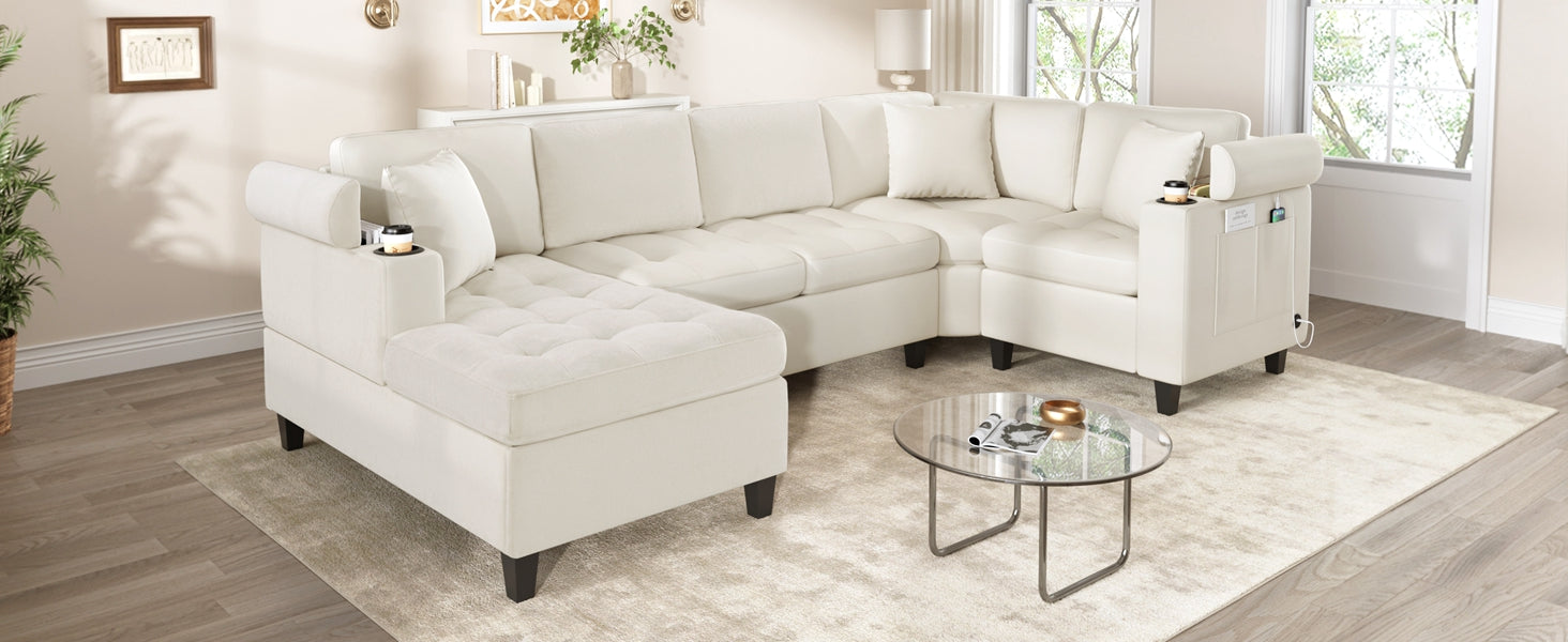 Modern U-shaped Sectional Sofa 115.7" Corner Sectional Living Room Couch Oversized Sectional with with Built-in Cup Holders, Storage Space and USB Ports for Living Room, Beige