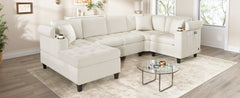 Modern U-shaped Sectional Sofa 115.7" Corner Sectional Living Room Couch Oversized Sectional with with Built-in Cup Holders, Storage Space and USB Ports for Living Room, Beige