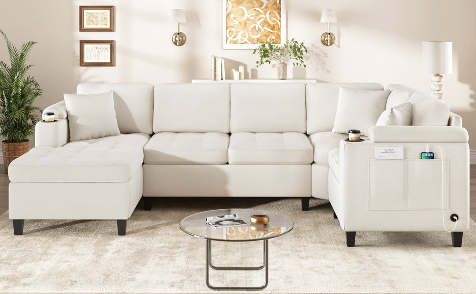 Modern U-shaped Sectional Sofa 115.7" Corner Sectional Living Room Couch Oversized Sectional with with Built-in Cup Holders, Storage Space and USB Ports for Living Room, Beige