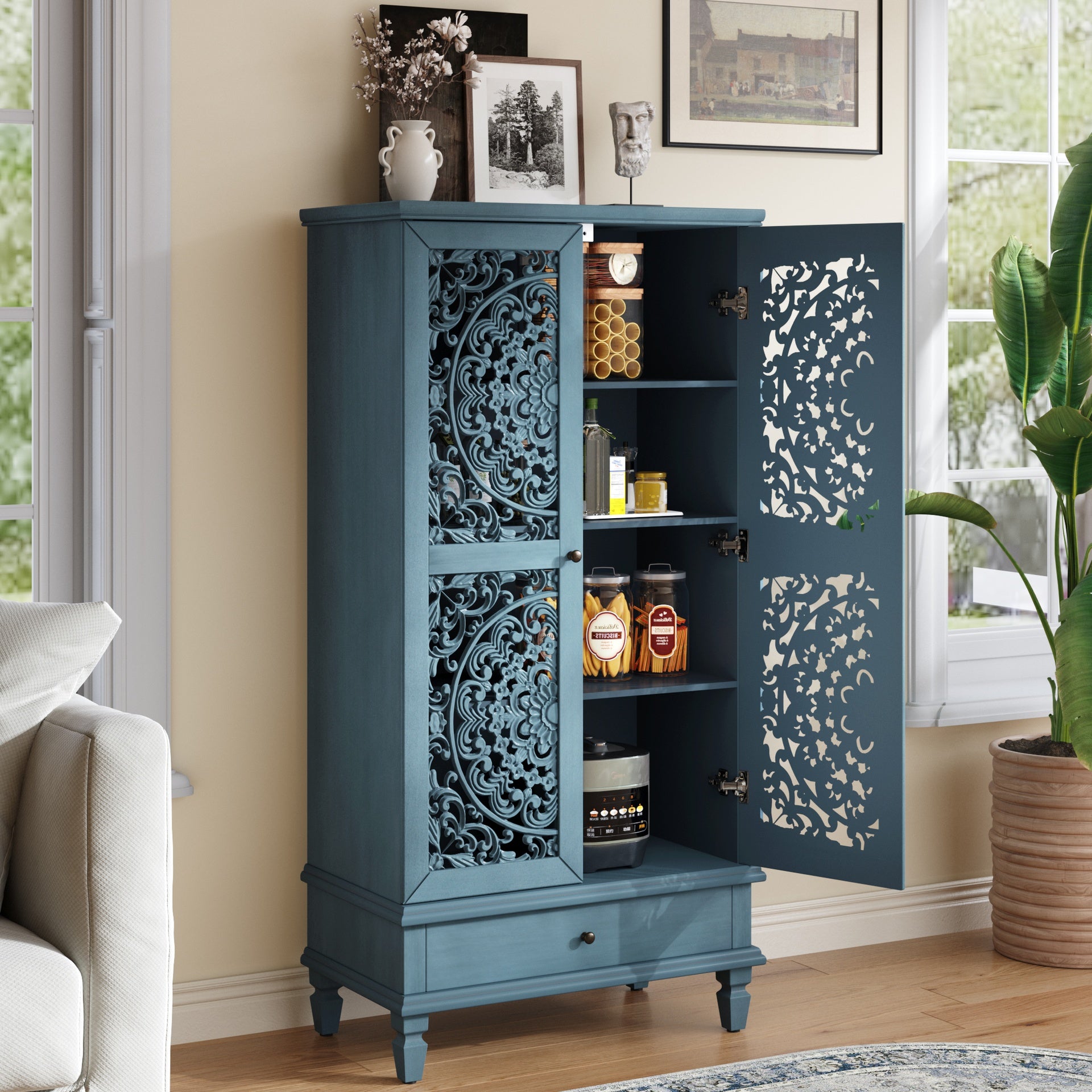 Rustic 55'' Tall Storage Cabinet with Drawer, Decorative 2-Door Carved Wood Accent Cabinet with Solid Wood Legs for Living Room, Hallway, Dining Room, Antique Blue
