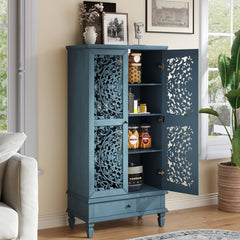 Rustic 55'' Tall Storage Cabinet with Drawer, Decorative 2-Door Carved Wood Accent Cabinet with Solid Wood Legs for Living Room, Hallway, Dining Room, Antique Blue