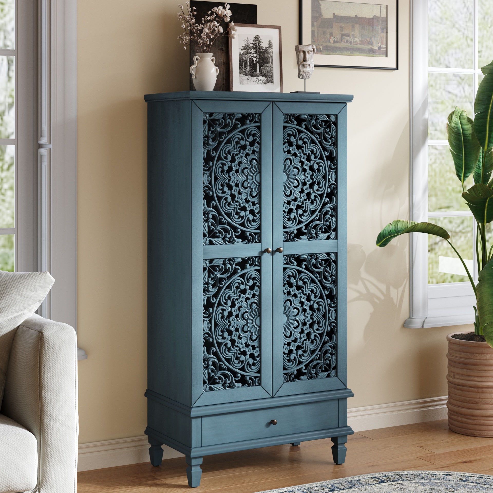 Rustic 55'' Tall Storage Cabinet with Drawer, Decorative 2-Door Carved Wood Accent Cabinet with Solid Wood Legs for Living Room, Hallway, Dining Room, Antique Blue
