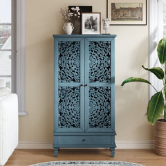 Rustic 55'' Tall Storage Cabinet with Drawer, Decorative 2-Door Carved Wood Accent Cabinet with Solid Wood Legs for Living Room, Hallway, Dining Room, Antique Blue