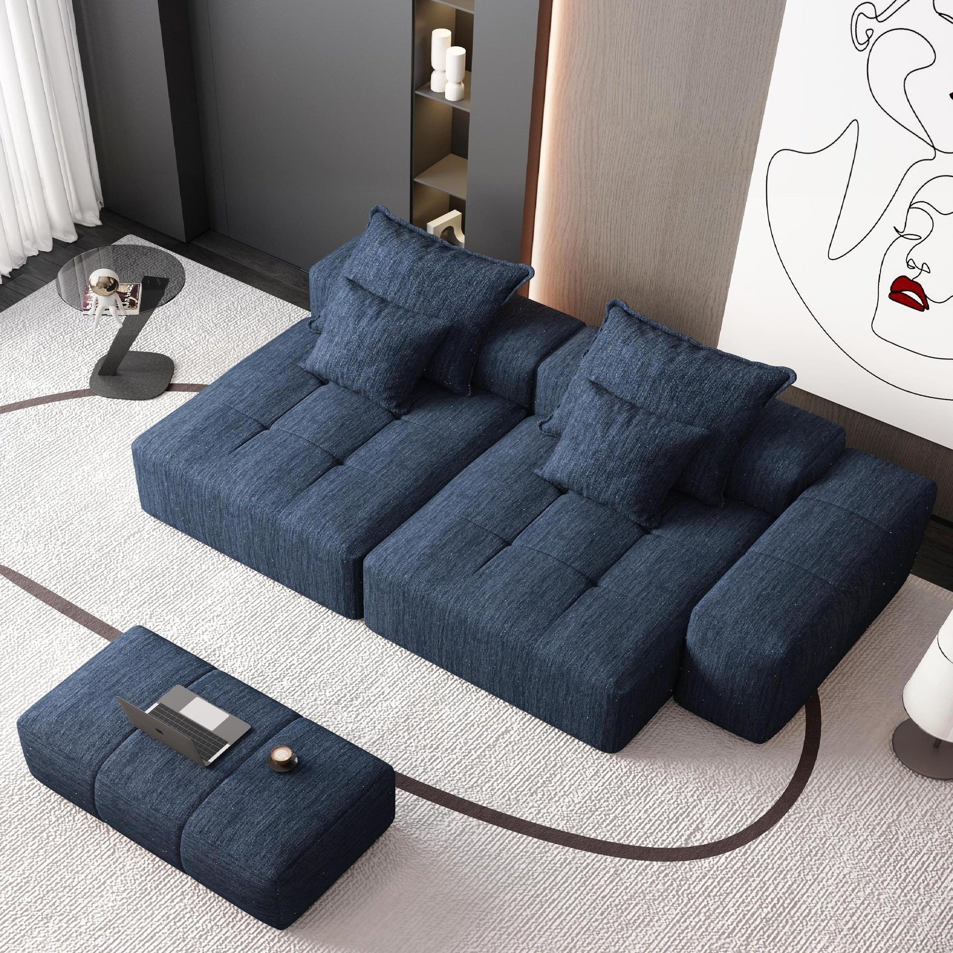 Modern Oversized Modular Sectional Sofa with 2 chaise lounge and 2 armrest,Sparkling Chenille Fabric Soft Cushion Sofa with 4 Pillows,4 PCS DIY Combination Tufted Sofa,No Assembly Required,BLUE