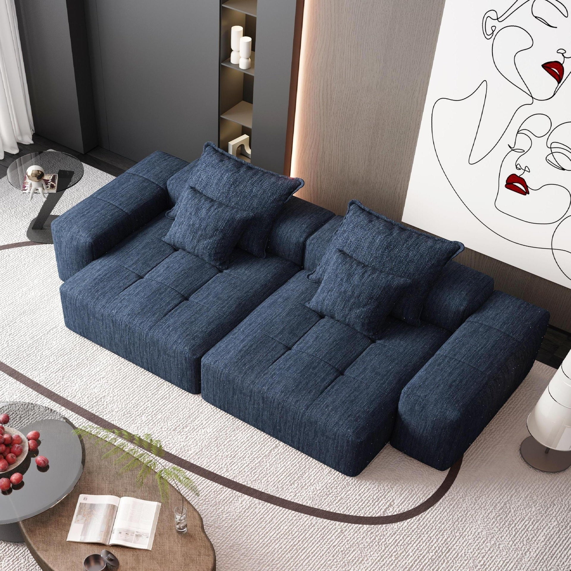 Modern Oversized Modular Sectional Sofa with 2 chaise lounge and 2 armrest,Sparkling Chenille Fabric Soft Cushion Sofa with 4 Pillows,4 PCS DIY Combination Tufted Sofa,No Assembly Required,BLUE