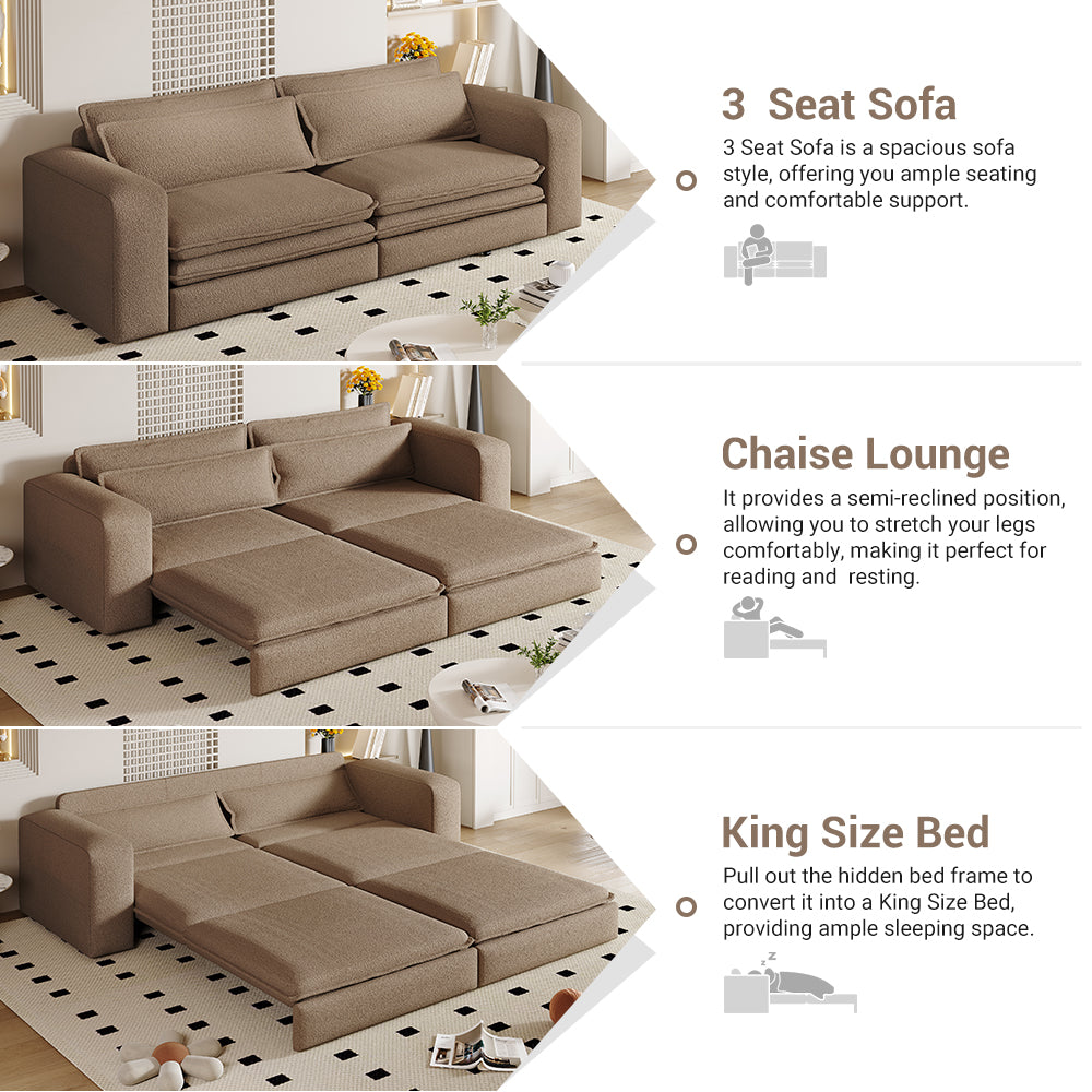 93" King Size Sleeper Sofa Bed, Pull Out Sofa Bed, 3 in 1 Convertible Sleeper Sofa, Chaise Lounge,3 Seat Teddy Couch with 2 Lumbar Pillows for Living Room,Studies