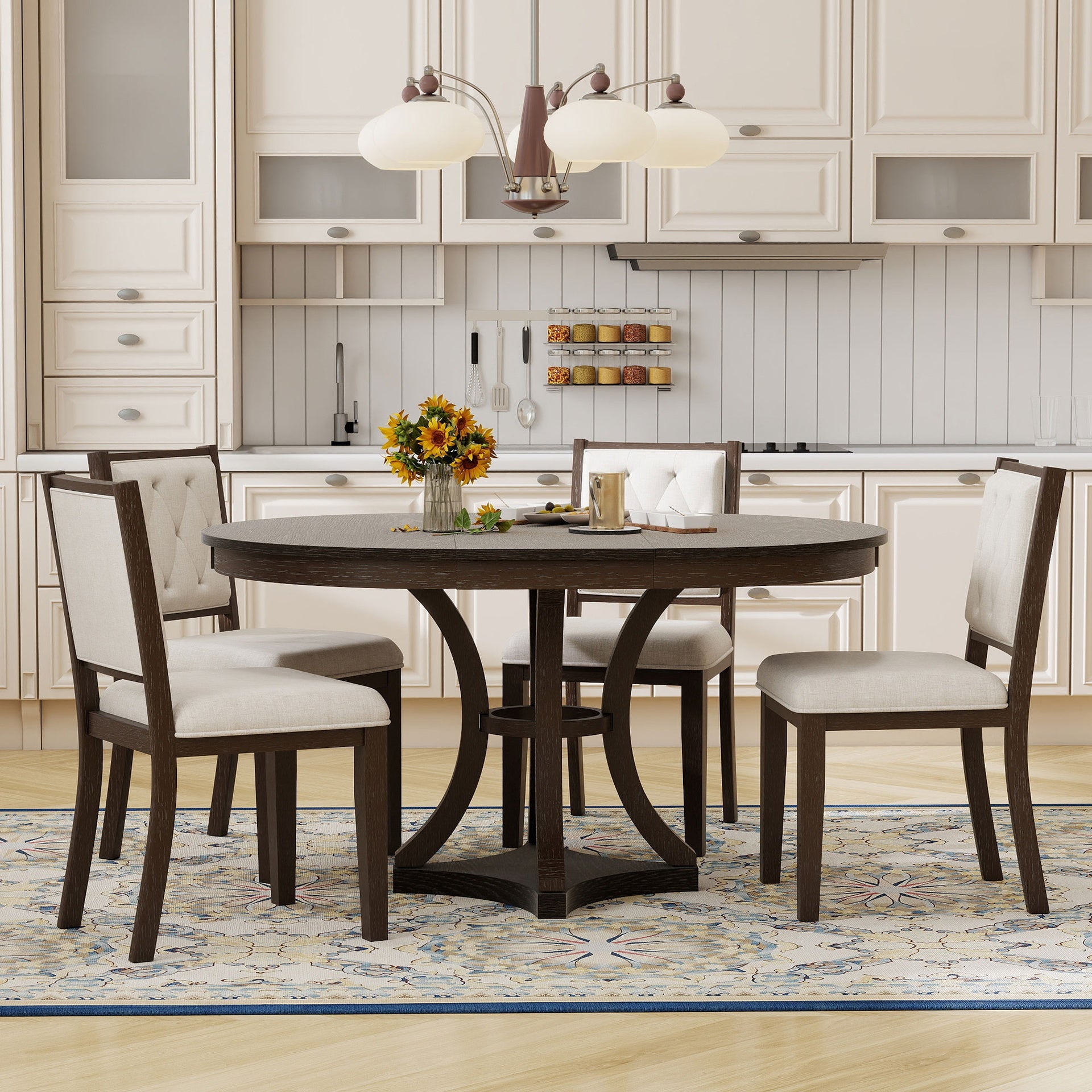 TREXM 5-Piece Retro Functional Dining Table Set Extendable Round Table and 4 Upholstered Chairs for Dining Room and Living Room (Espresso)