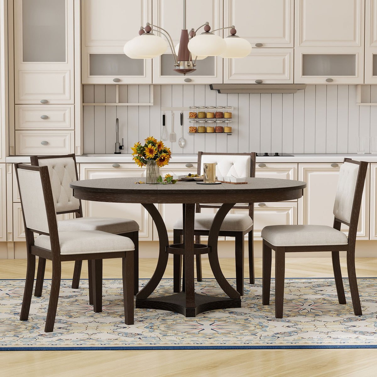 TREXM 5-Piece Retro Functional Dining Table Set Extendable Round Table and 4 Upholstered Chairs for Dining Room and Living Room (Espresso)