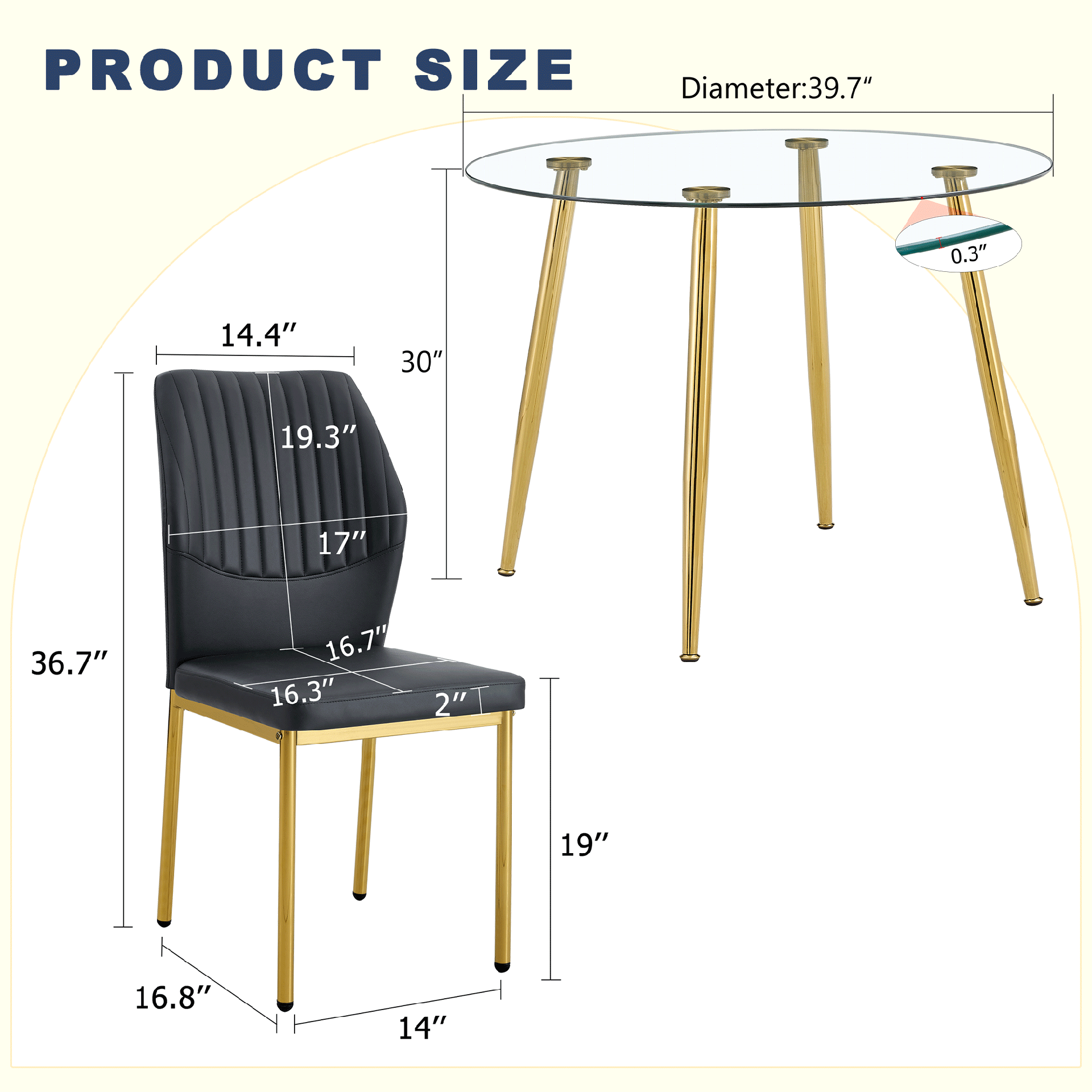 Table and chair set.39.7 Inch Diameter Modern Luxury Glass Dining Table and Chair Set - Gold Metal Legs.Paired With 6 BLACK PU Material High Resilience Dining Chair with Metal Gold Leg.