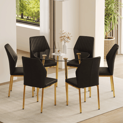 Table and chair set.39.7 Inch Diameter Modern Luxury Glass Dining Table and Chair Set - Gold Metal Legs.Paired With 6 BLACK PU Material High Resilience Dining Chair with Metal Gold Leg.